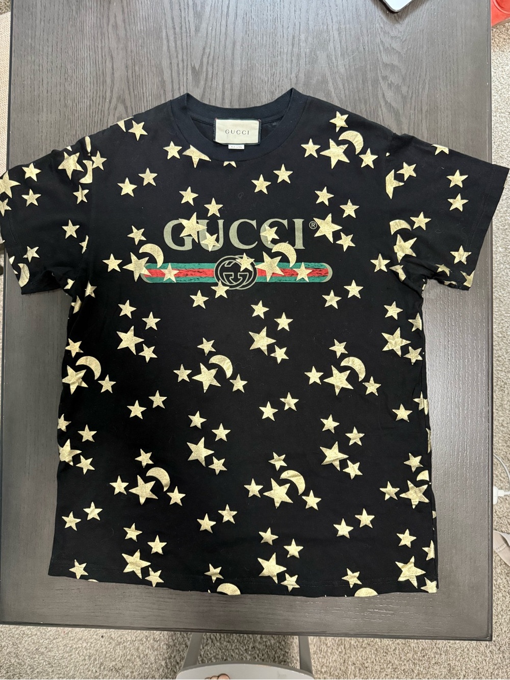 GUCCI Stars & Moon Print Logo T-Shirt Black Oversized Size S